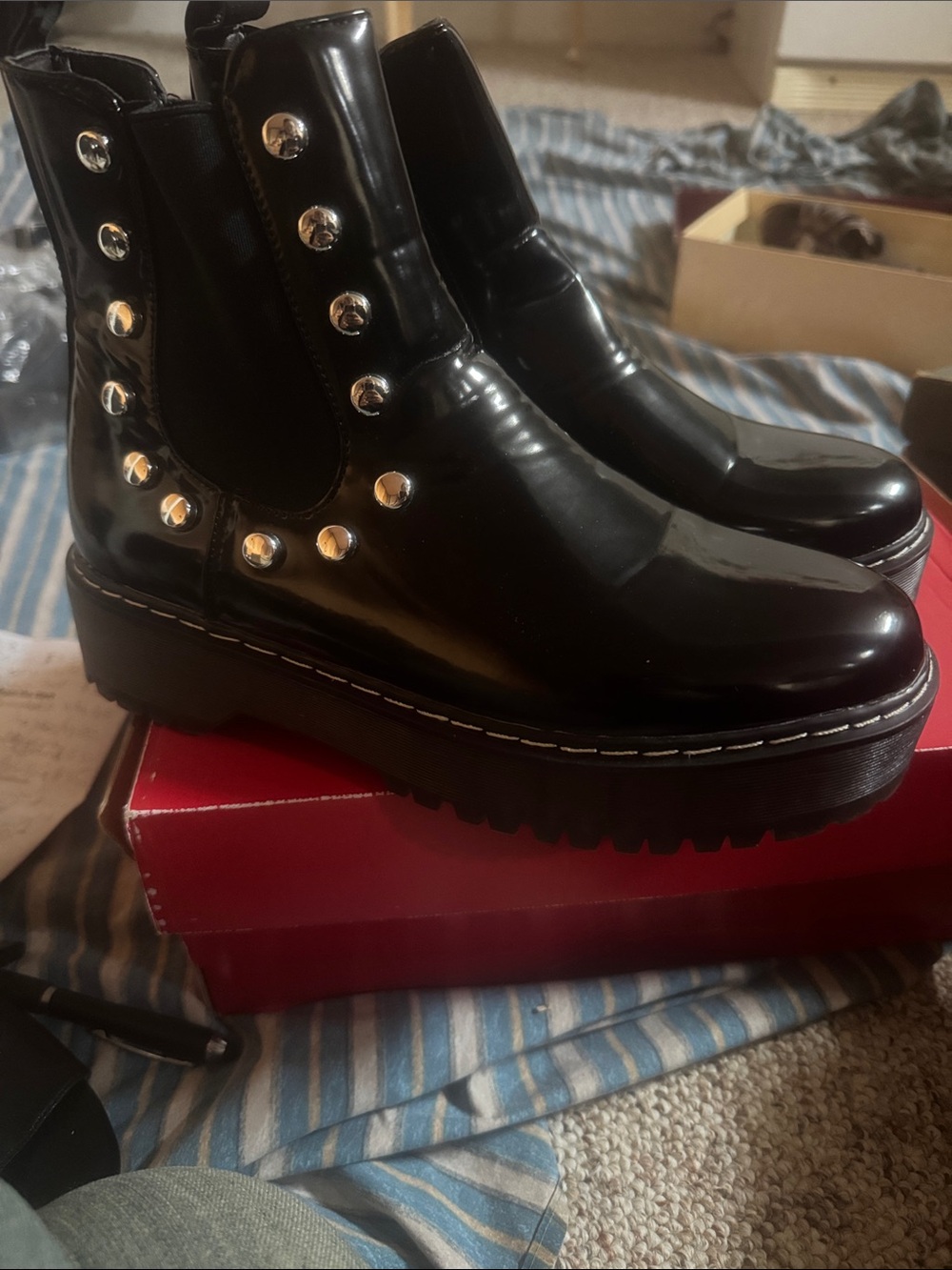 UNIONBAY Black Patent Chelsea Booties with Silver Stud Accents